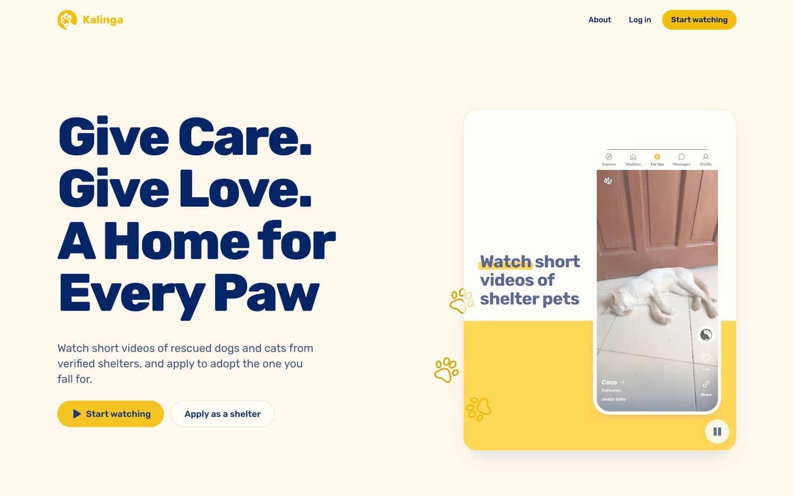 Kalinga home page: Give care, give love, a home for every paw, with a phone showing a cat video